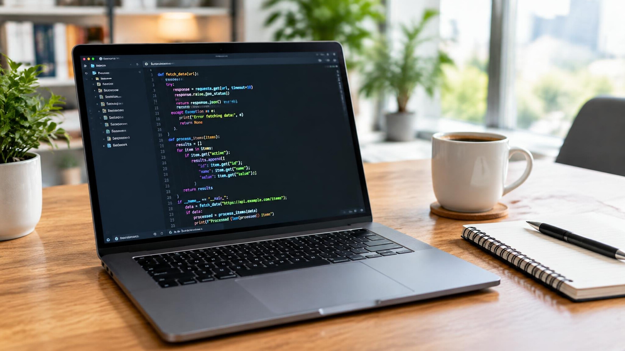 Laptop with code on screen next to a notebook